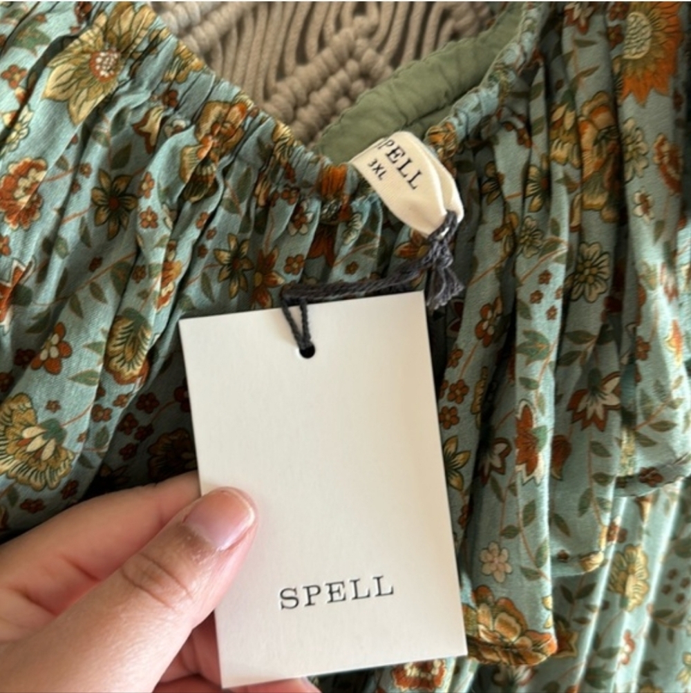 Spell Lady Untamed One-Shoulder Ruffle Floral Mini Dress in Sage and Mustard - Picture 5 of 7